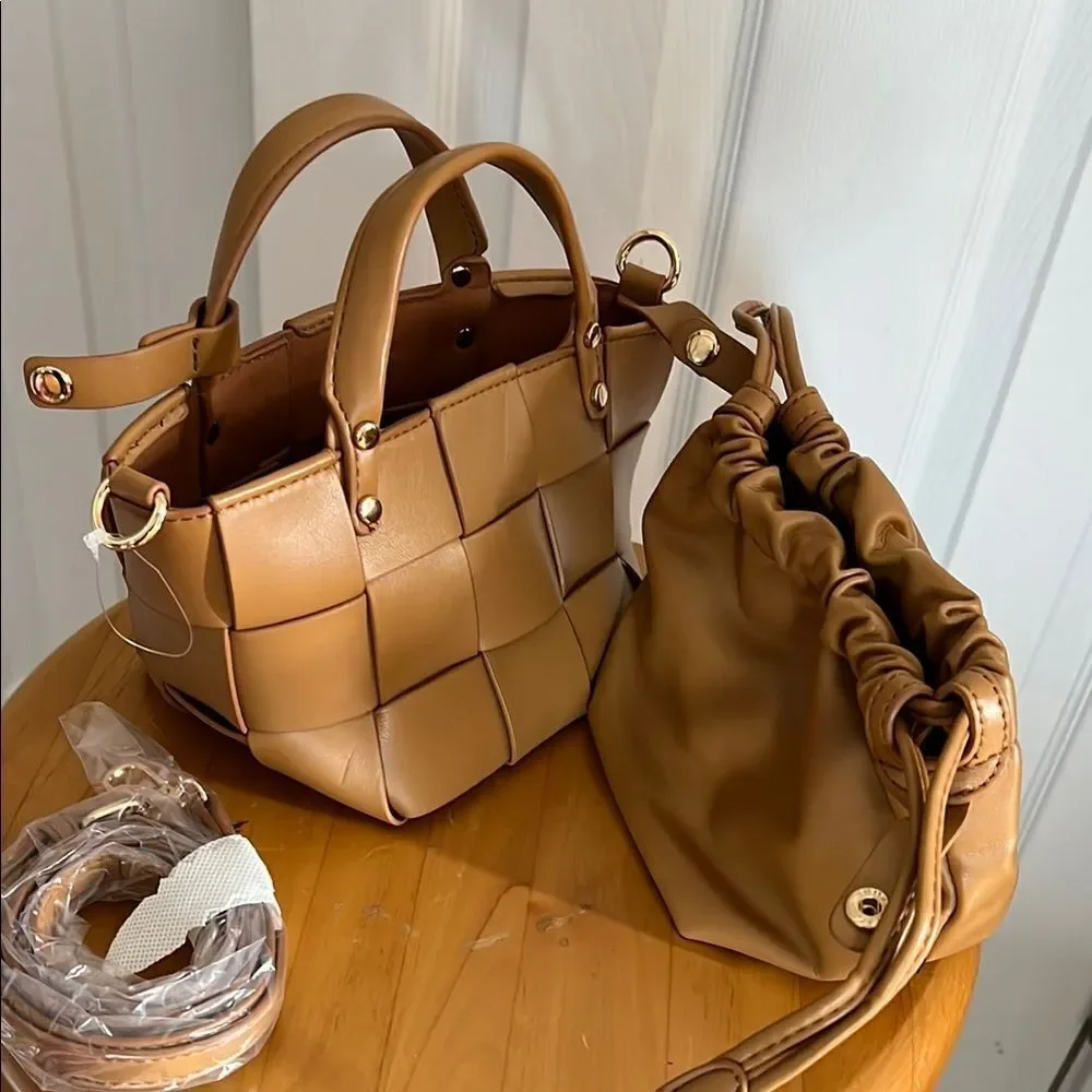 Forever 21 Brown Faux Leather Tote with Woven Design and Gold Accents - Picture 9 of 14